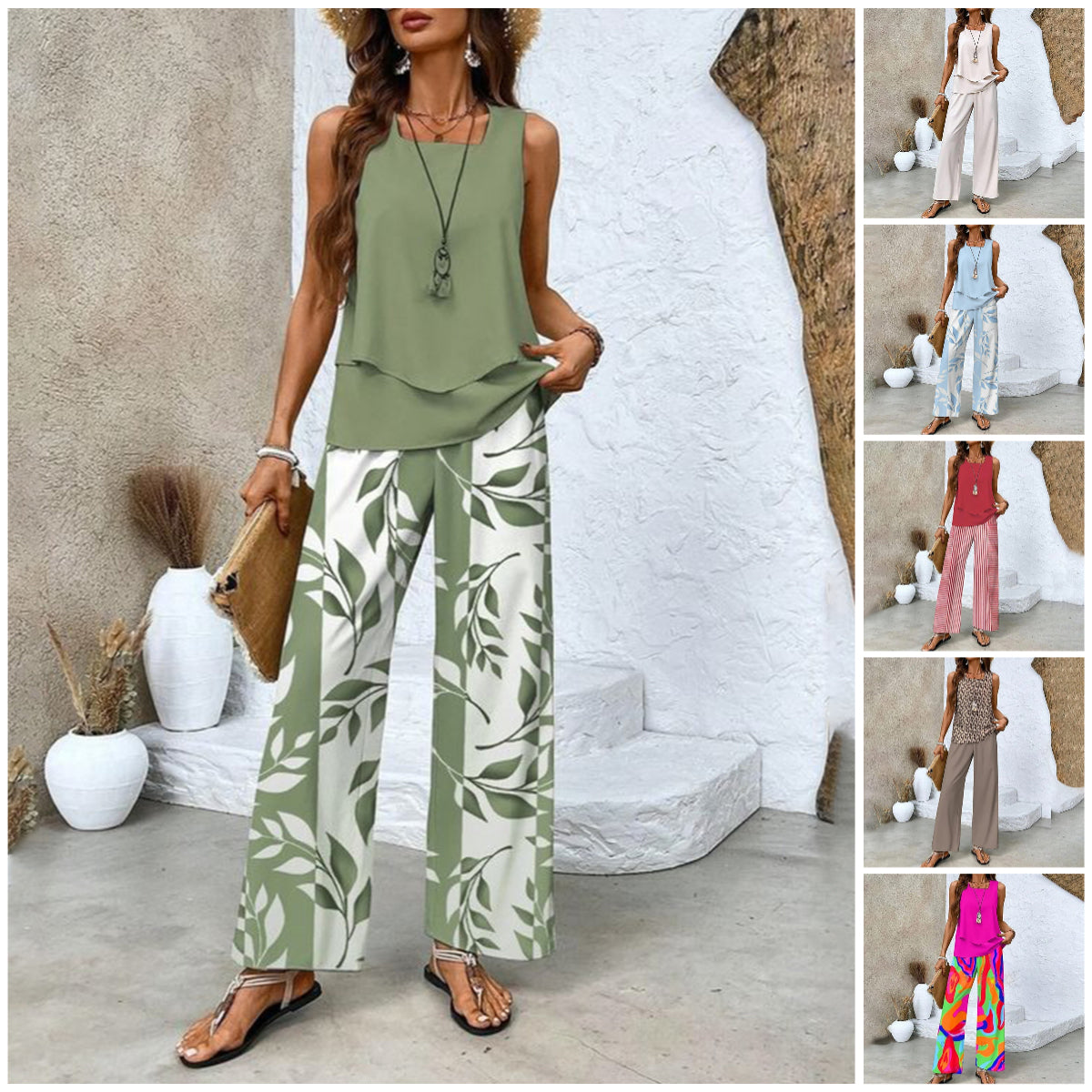 Two-piece outfit: sleeveless top and wide-leg trousers