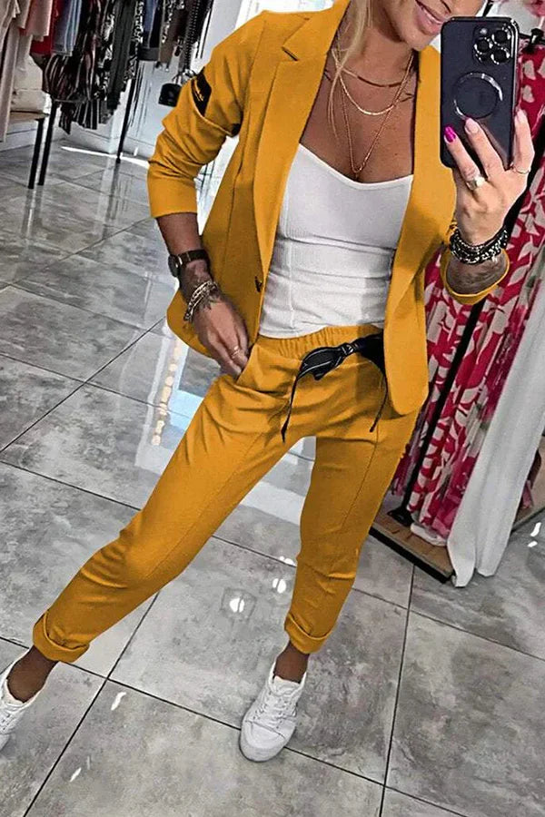 Tailored set with a soft blazer and relaxed joggers