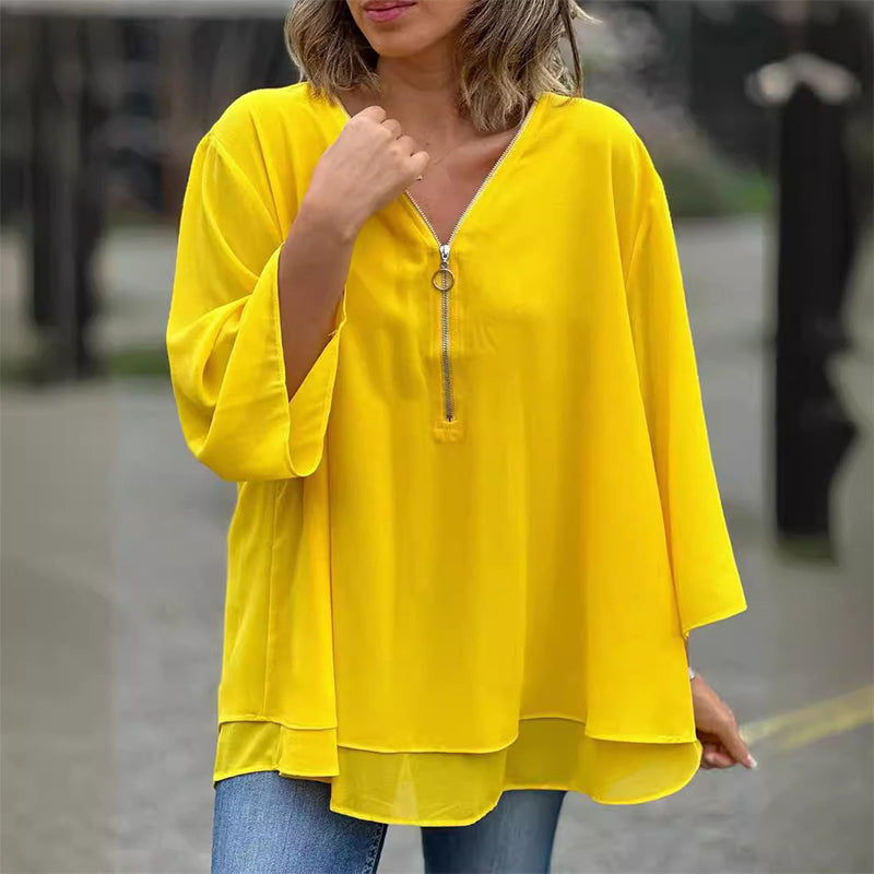 Blouse with Zipper and V-Neck