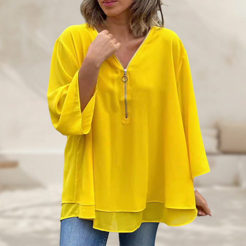 Blouse with Zipper and V-Neck