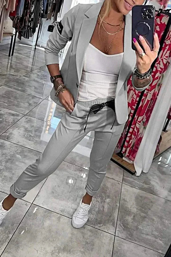 Tailored set with a soft blazer and relaxed joggers