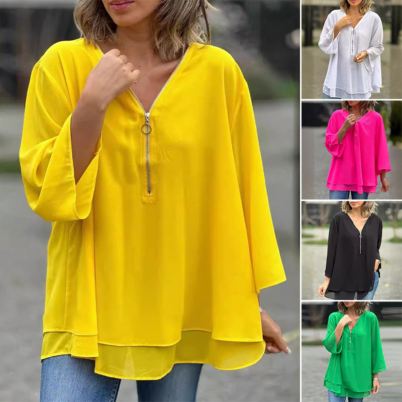 Blouse with Zipper and V-Neck
