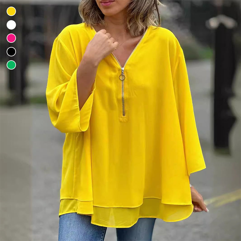 Blouse with Zipper and V-Neck