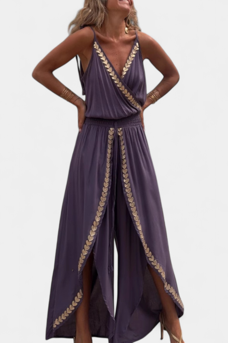 One-Piece Jumpsuit with Gold Details and Open Legs