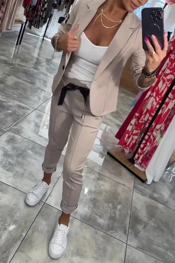 Tailored set with a soft blazer and relaxed joggers