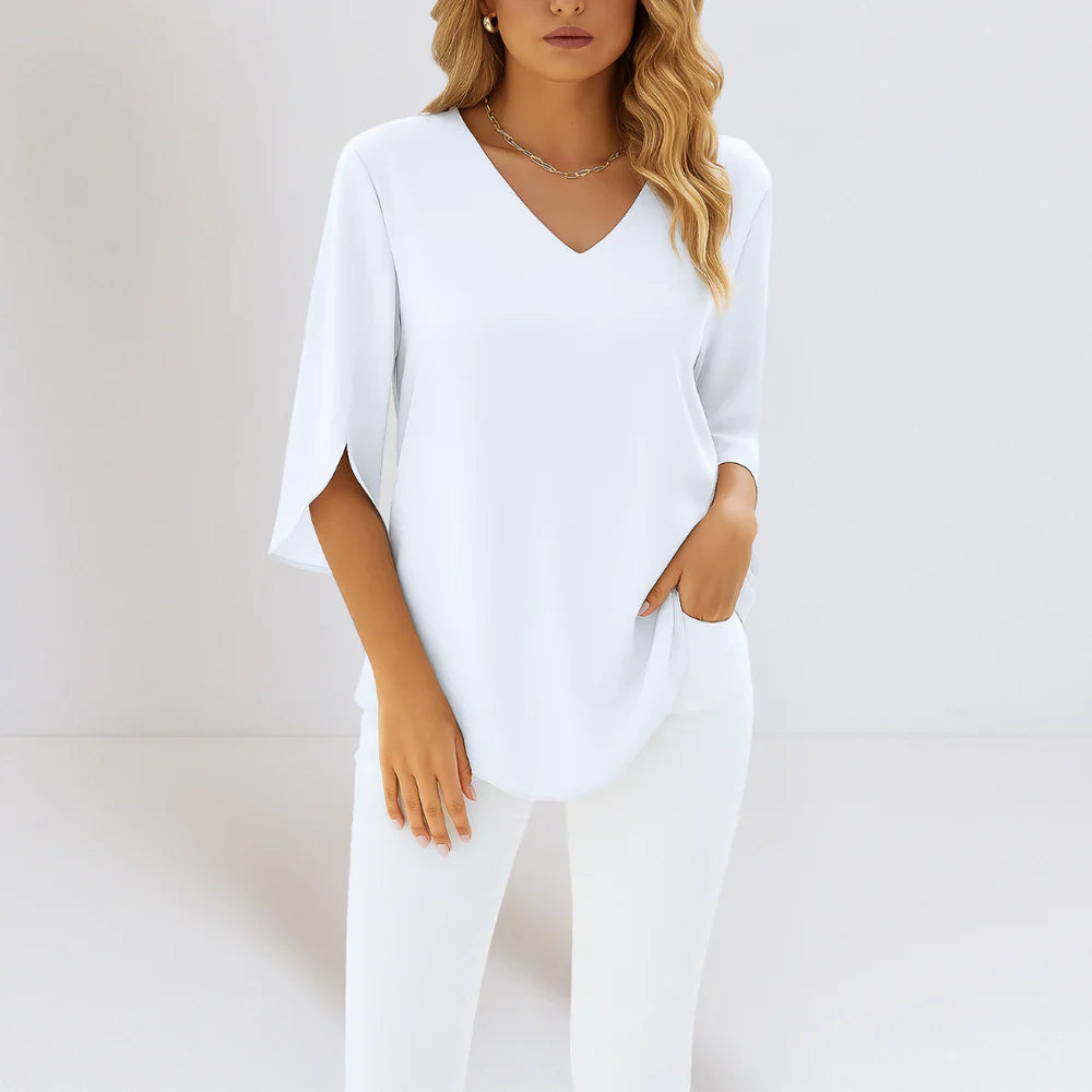 Luxe Regina™ – Elegant Blouse with V-Neck and Slit Sleeves