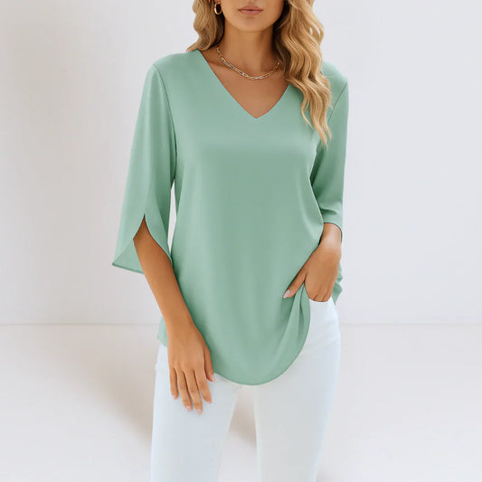 Luxe Regina™ – Elegant Blouse with V-Neck and Slit Sleeves